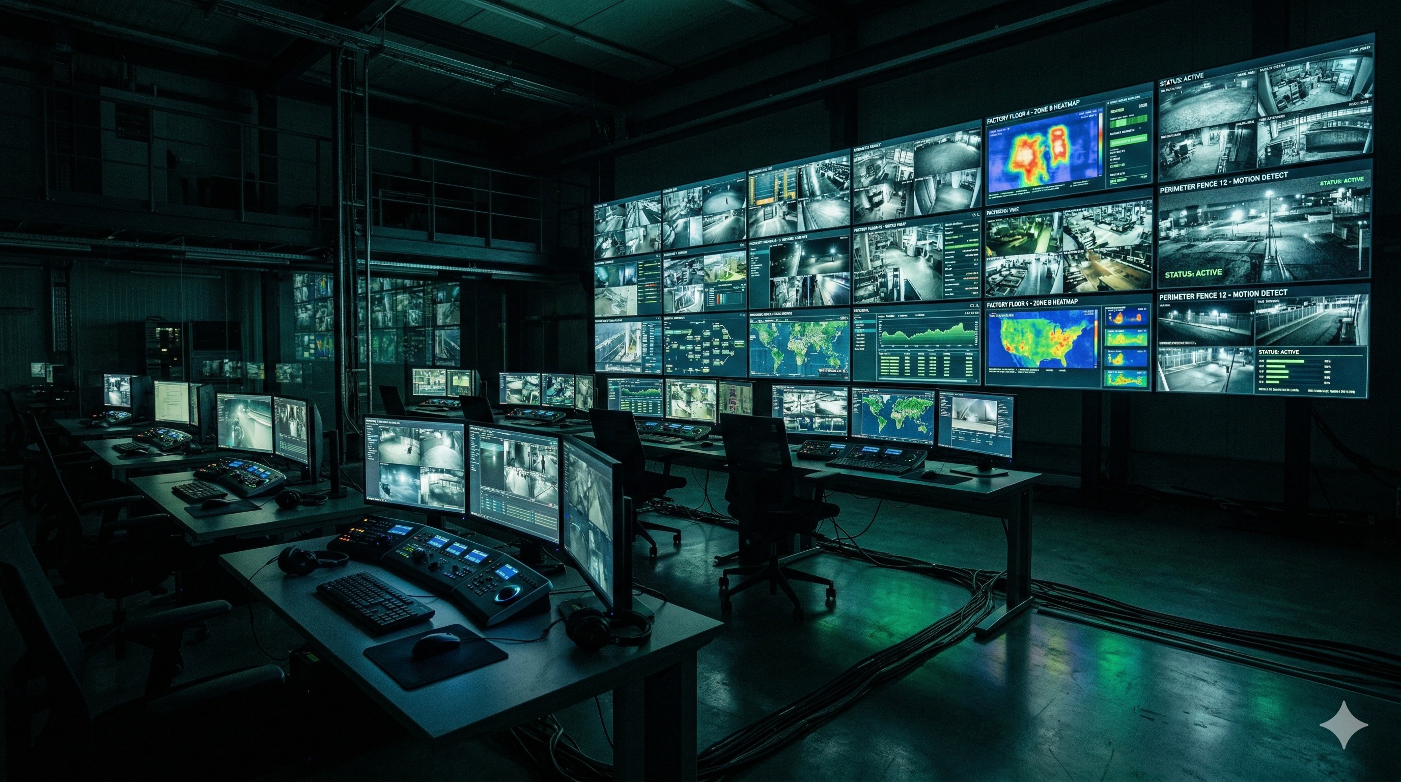 Industrial command center showing multiple surveillance feeds with AI heatmaps