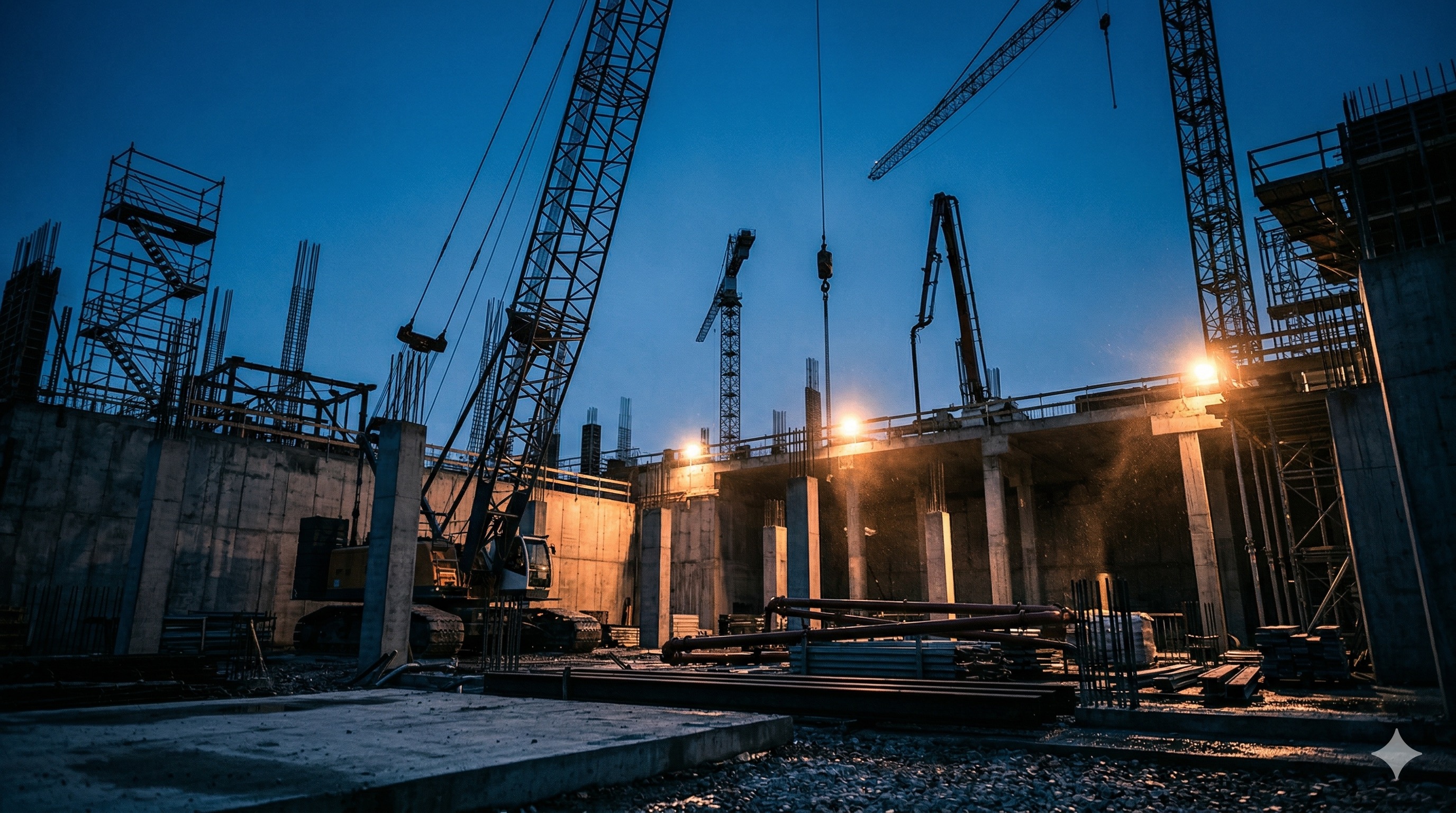 Cinematic low angle shot of a massive concrete construction site at blue hour